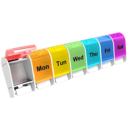 Weekly Pill Organizer Travel Portable - Pill Cases Organizers 7 Day, Daily Pill Box Large 7 Compartments to Hold Vitamin Fish Oil, Unique Push-Button Pop Open Design (Rainbow)