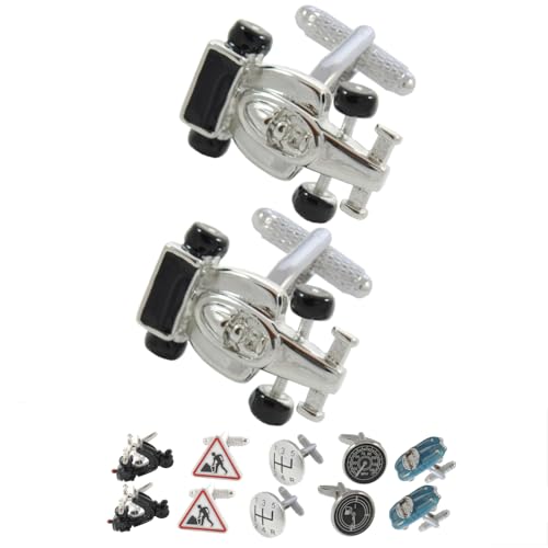 COLLAR AND CUFFS LONDON Gemelli Camicia Uomo Auto - con Scatola - Auto da Corsa - Perfetto per Gli Appassionati di Sport - Ottone - Argento Colorato - Automobilistiche - Un Paio
