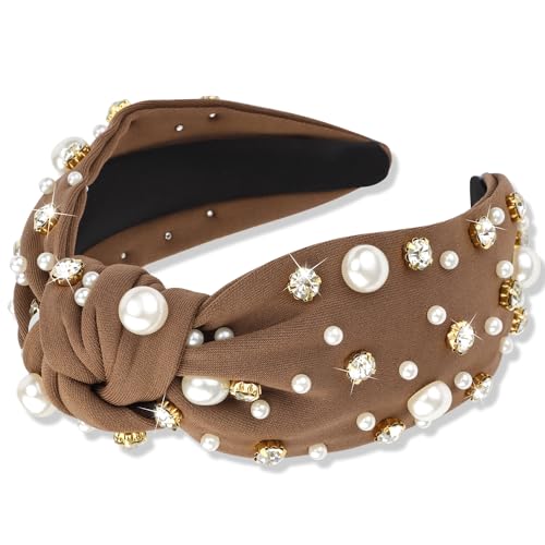 Atoden Perlen-Stirnband, braun, geknotet, Strass, breite Spitze, Knoten, Stirnbänder mit Perlen, Haarbänder für Damen, mit Kristallverzierung, Haarschmuck für Damen und Mädchen