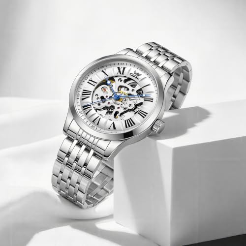Image of OPK Men's Automatic Mechanical Watch Skeleton Black Dial with Roman Numerals Silver Stainless Steel Bracelet Waterproof Luxury Dress Wristwatch