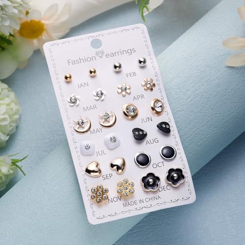Image of 12 Pairs Trendy Stud Earrings Set with Crystal and Pearl, Heart, Flower, Star and Geometric Styles