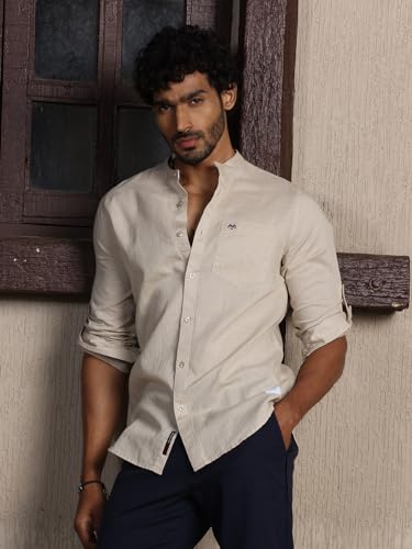 Image of Thomas Scott Men's | Solid | Full Sleeve | Slim Fit | Linen Blend | Mandarin Collar | Casual Shirt