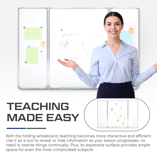 Image of AmazingSpark 24 inch x 18 inch Foldable Whiteboard Dry Erase Board Large Tri Folding Whiteboard Magnetic Dry Erase Board, Wall Aluminium Frame and Pen Tray for Office, Home