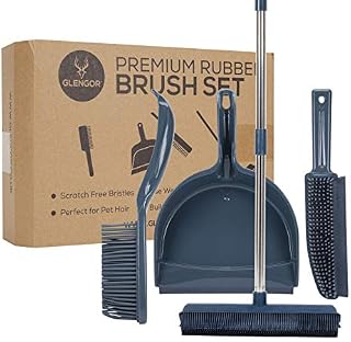 Glengor Premium Rubber Broom & Dustpan Set | 4 Piece Set | Dustpan and Brush | Long Broom | Pet Hair Brush | Built in Squeegee | Hand Brush | Great for Carpets, Kitchen Floors, General Sweeping, Rake