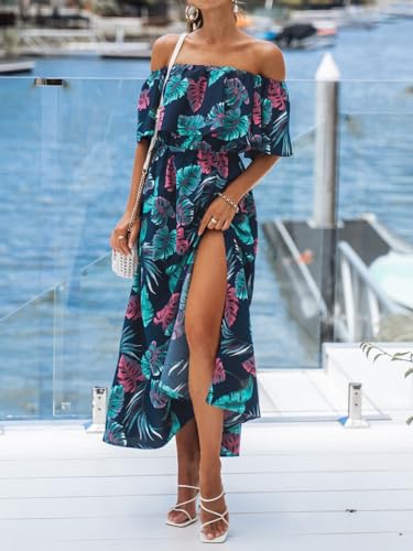 Image of CUPSHE Women Ruffle Floral Maxi Summer Dress Off Shoulder Short Sleeve Backless Flounce Bodice Slit Hem Beach Dresses