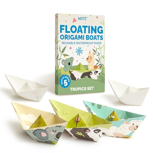 WOYS Floating Origami Boats | Waterproof Premium Reusable Paper | Screen-Free Summer Toy & Gift | DIY Origami Kit | 5 Sheets | Bath, Pool & Beach Play
