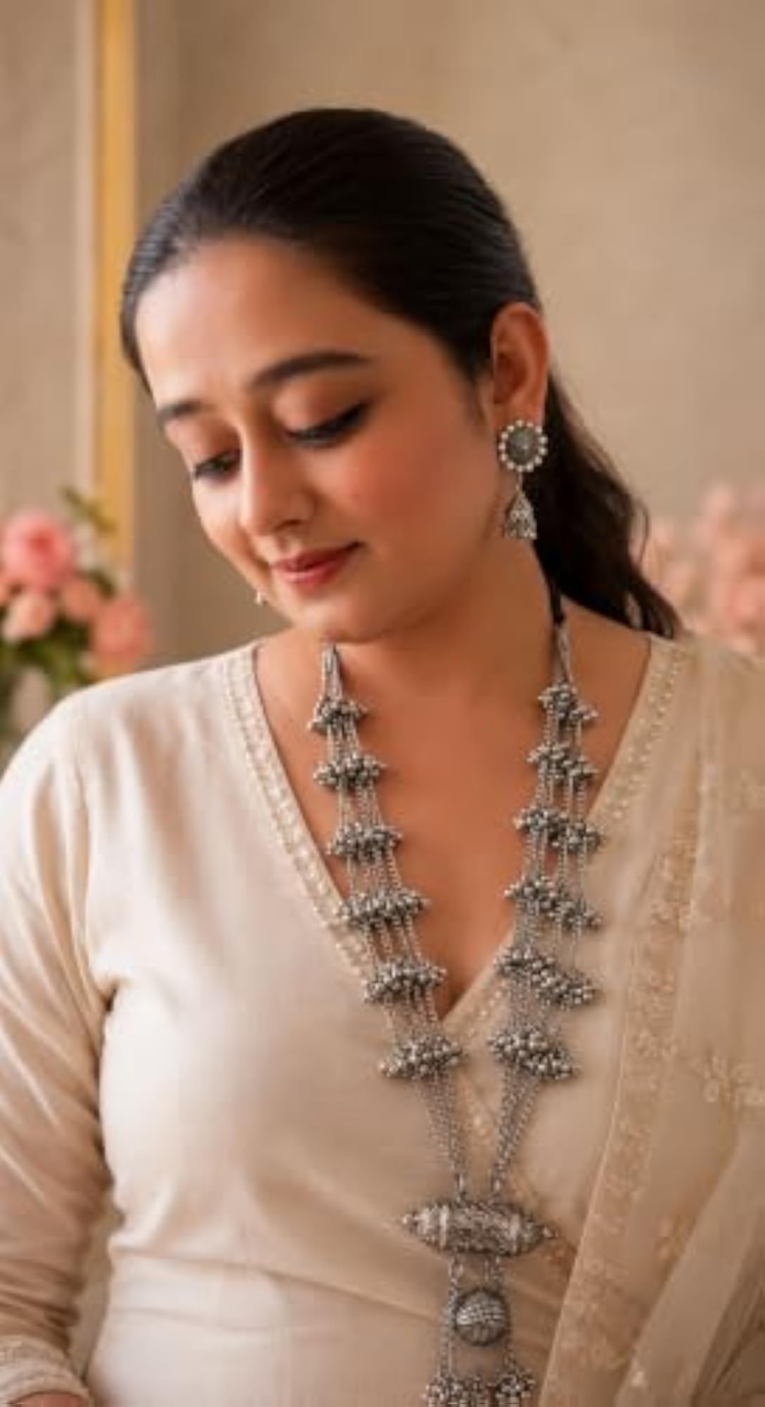 Oxidised Silver Tone Multi Layer Ghungroo Necklace Set with Earrings
