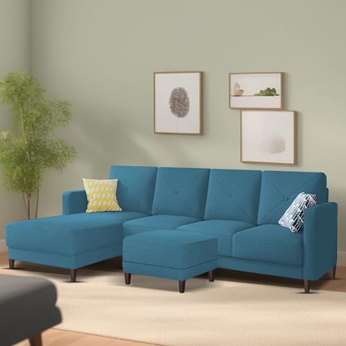 Image of Baloney LHS 6 Seater L Shape Sofa Set with Center Table for Living Room (Turquise Fabric) Premium Fabric Sofa