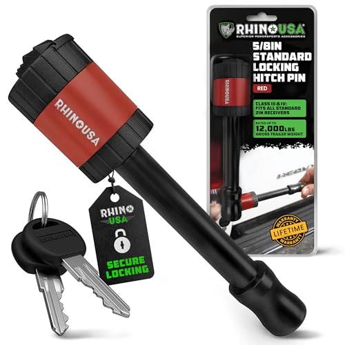 Image of Rhino USA 2 inch Trailer Hitch Pin - Patented Locking Receiver Pin for Class III /IV Hitches - Weatherproof, Anti-Theft, Debris-Protected - Tow Truck Ready - Red 1PK