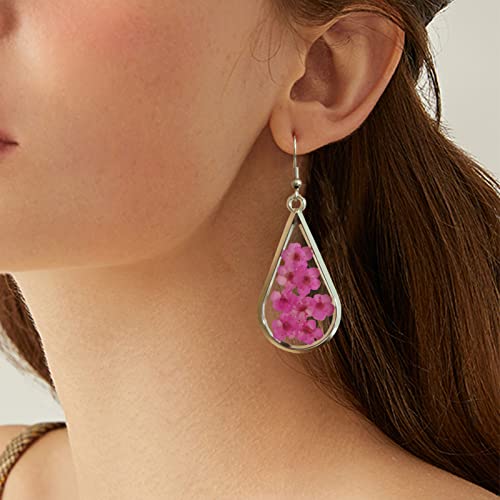 Baublestar Pressed Dry Flower Hot Pink Teardrop Earrings Natural Dried Flowers Drop Dangle Silver Fashion Jewelry For Women Girls #TOP1