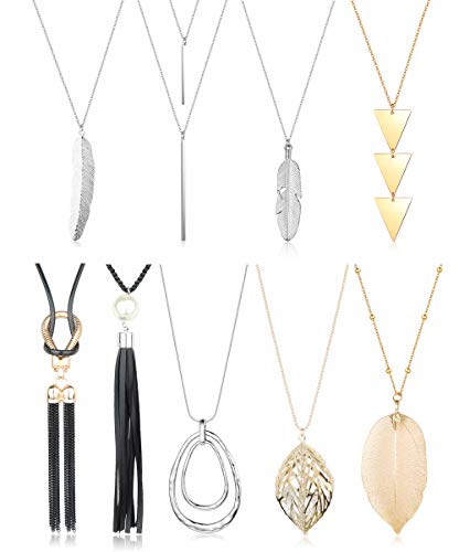 ORAZIO 9 Pcs Long Necklace Set for Women Disk Tassel Fringe Necklace Simple Bar Statement Pendant Necklace Silver and Gold Fashion Jewelry Set