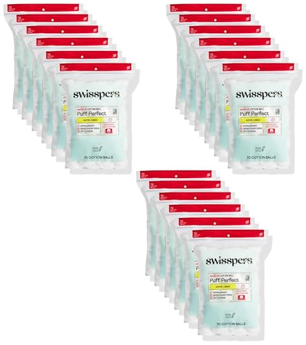 Swisspers Premium Super Jumbo Cotton Balls – 70 Count (Pack of 18) – Extra-Large, Soft, and Absorbent Cotton Balls for Beauty and Personal Care Needs – 100% Cotton