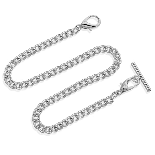 Aeaocvo Silver Pocket Watch Chain with T-Bar 14 Inch Pocket Watch Chains for Men Silver Vest Chain for Men