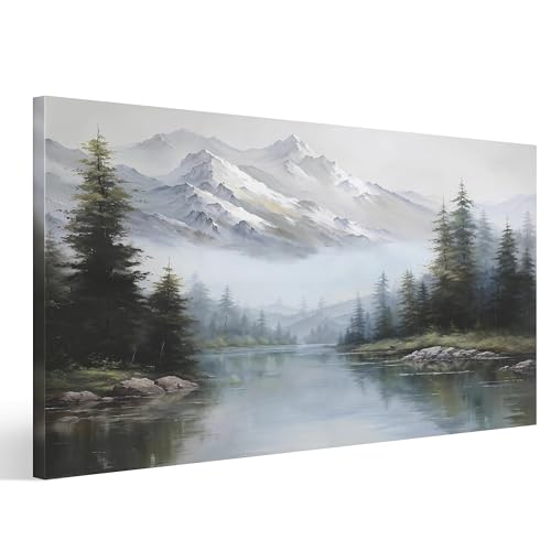 CCPEAR Mountain Wall Art Landscape Forest Pictures, Foggy Pine Tree Paintings Winter Lake Watercolor Artwork, Modern Farmhouse Large Canves Home Decor for Living Room Bedroom Office, 20x40in