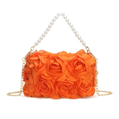 FUKEFUKEUS Women Clutches Purse Chiffon 3D Floral Evening Handbag Pearl Beaded Top Handle Bag for Wedding Prom Party