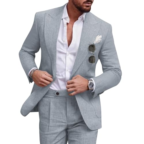 UNINUKOO Linen Suit for Men Summer Wedding 2 Piece Suit