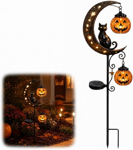 Solar Halloween Black Cat & Pumpkin Moon Garden Stake Light Halloween Decor