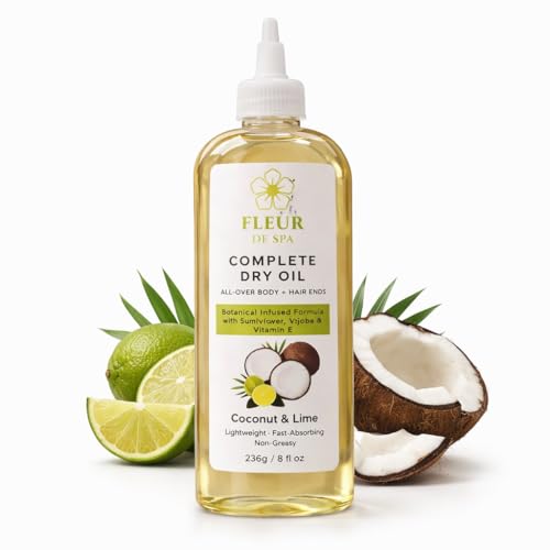 fleur de spa Complete Dry Oil – Coconut & Lime | Lightweight, Fast-Absorbing Body & Hair Oil | Non-Greasy Botanical Hydration with Sunflower, Jojoba & Vitamin E | 8 fl oz