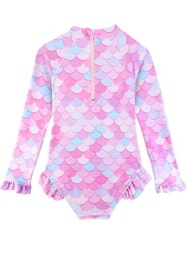 Image of Baby Toddler Girl Long Sleeve Ruffle Swimsuit One Piece Zipper Rash Guard Bathing Suit with UPF 50+ Sun Protection