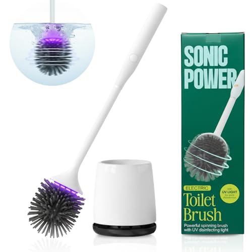 Electric Toilet Brush & Scrubber – Self Cleaning Silicone Toilet Bowl Brush with UVC Light, Rechargeable Wireless Spinning Toilet Brush & Holder Set, Wall Mount or Floor Standing (Pack of 1)