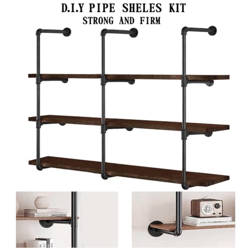 HITOMEN-Industrial-Iron-Pipe-Shelves-3-Set-4-Tier-415-Tall-12-Depth-DIY-Open-Bookshelf-Bookcase-Wall-Mounted-Vintage-Retro-Shelving-Rustic-Farmhouse-Pantry-Kitchen-Storage-Black-Shelf-Brackets
