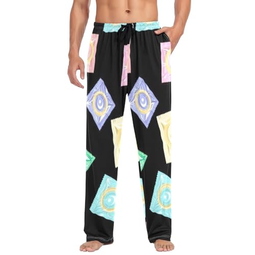 Amooorous Pantalones de pijama ligeros de condón de colores para hombre, pantalones de pijama con bolsillos para adultos, talla M, Condón de colores, Medium