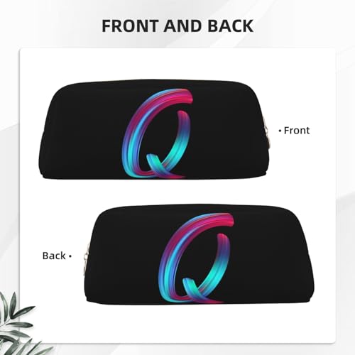 Image of Cute Initial Pencil Case for Kids Simple Leather Pencil Pouch for Boys Girls Letter Design Pencil Box Pen Bag Pencil Pouch Office Stationery Organizer, Rainbow Letter Q