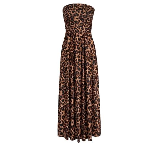 HUSKARY Tube Top Dress for Women Summer Casual Off Shoulder Midi Beach Vacation Dresses with Pockets Small Leopard