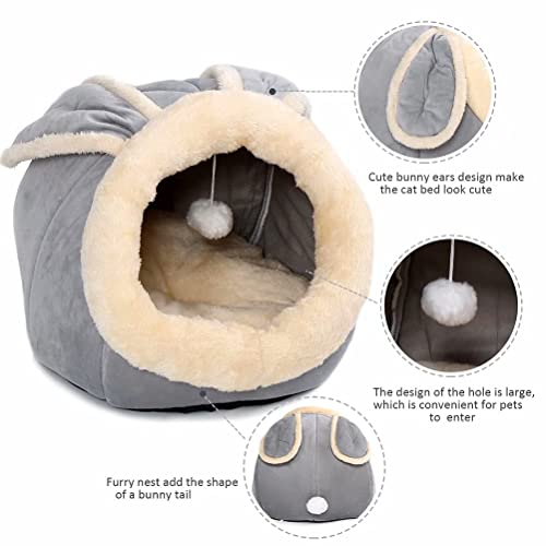 Beds For Indoor Cats - Small Dog Bed With Anti-Slip Bottom, Rabbit-Shaped Cat/Dog Cave With Hanging Toy, Puppy Bed With Removable Cotton Pad, Super Soft Calming Pet Sofa (Grey Medium) #TOP2
