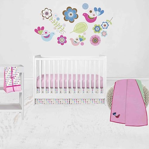 Bacati - Botanical Floral Birds Pink Multicolor 4 pc Crib Bedding Set with Diaper Caddy