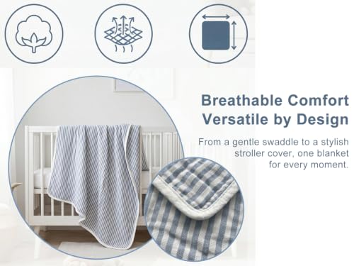 Image of Ultra Soft 6-Layer Cotton Muslin Baby Blanket 41 inchx41 inch Breathable Lightweight Swaddle Blankets for Baby Boys Toddlers Newborn Birthday Gift Blue Striped Jacquard