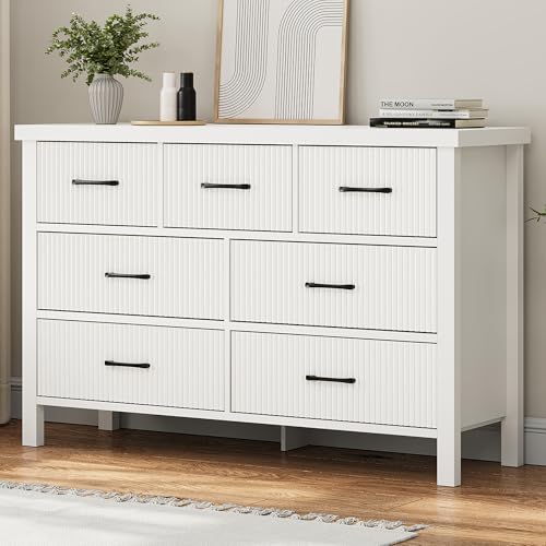Jocoevol Fluted White 7 Drawers Dresser for Bedroom, Modern Chest