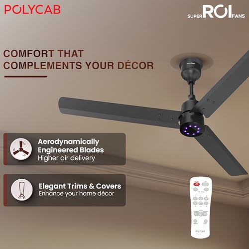 Image of Polycab Wizzy Plus LED 1200mm BLDC Ceiling Fan with Remote |BEE 5 Star Rated, Higher Air Delivery|LED Indicator,Reverse,Boost,Sleep and Breeze Mode |3 Years Warranty (Matt Black)