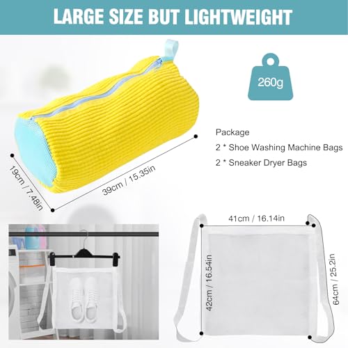2 Pcs Shoe Washing Machine Bags, XXL Shoe Laundry Bags for Washer and Dryer, Sturdy Zipper with Hook Design, 2 Sneaker Dry Bags Included, Reusable Washing Bag for Sneaker, Tennis, Yellow 2 Packs2