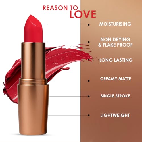 Image of One Wish Creamy Matte Lipstick Long Lasting for Women - Baddie Red Shade 17 | Full Coverage | Creamy Formula | No Flaky Lips | No Dryness| High-Pigment | SPF | Vitamin E, Almond Oil & Shea Butter for Moisturising Lip | 8 Hrs Lasting | Smooth Finish | 3.8 gm