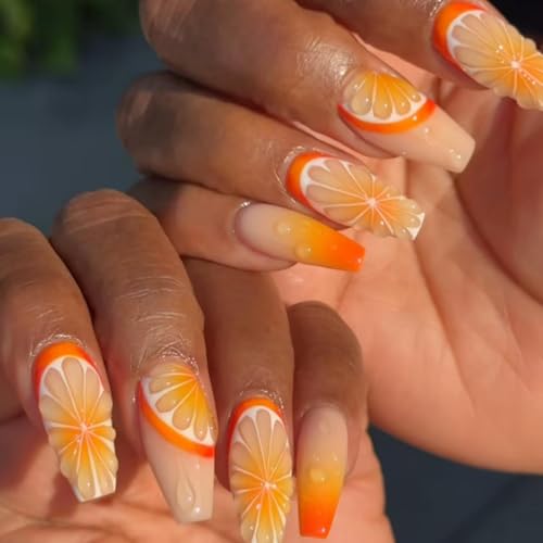 Image of NBNTGH Orange 3D Fruit Design Glossy Glue on Nails, 24 Pcs (Pack of 1), Medium Coffin Shape, Full Cover Stick on Nails, Reusable, Spring /Summer Manicure