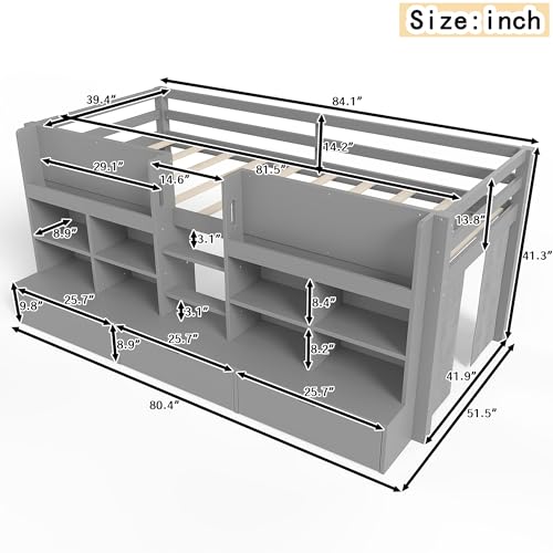 Image of Twin XL Size Low Loft Bed for Kids with Storage Shelves, Play Curtain & Chalkboard,Space-Saving Design,No Box Spring Needed (Gray-TX)