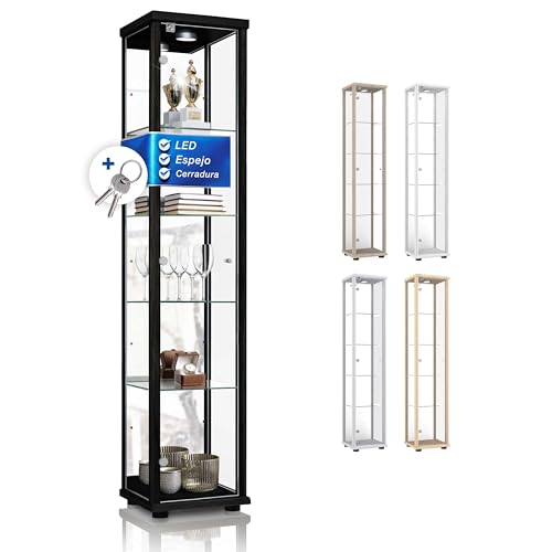 K-Möbel Vitrina de Vidrio en Negro (176x37x33 cm) con 4 estantes de Vidrio de Altura Ajustable de Vidrio de Seguridad Templado, LED, Cerradura y Espejo; Iluminado coleccionistas