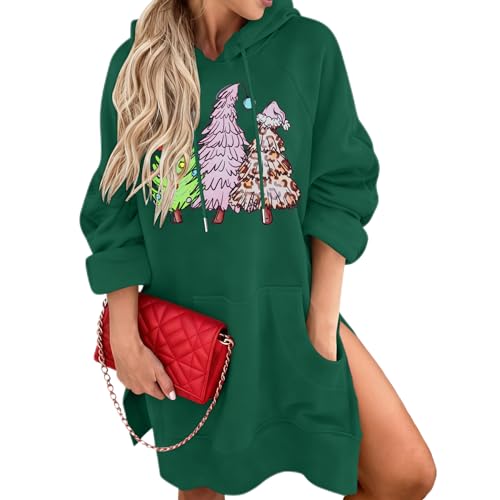 KIMSOONG Womens Christmas Dress Xmas Tree Sweatshirt Dress Drawstring Hoodie Oversized Casual Split Hem Tops with Pocket Green