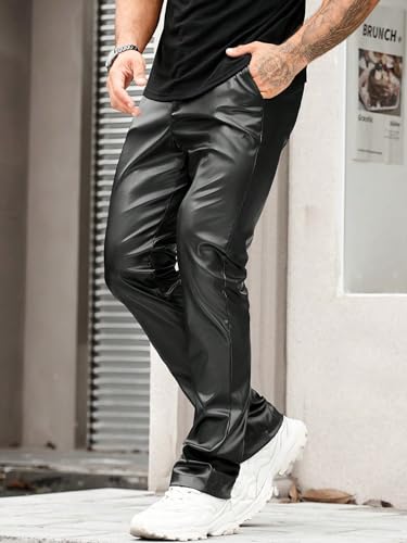 WDIRARA Men's PU Leather Pants High Waist Flare Leg Long Disco Pants with Pockets4
