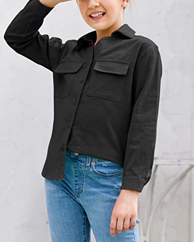 Imesrun Girls Button Down Shirts Long Sleeve Casual Solid V Neck Blouses Tops With Pockets Black #TOP1
