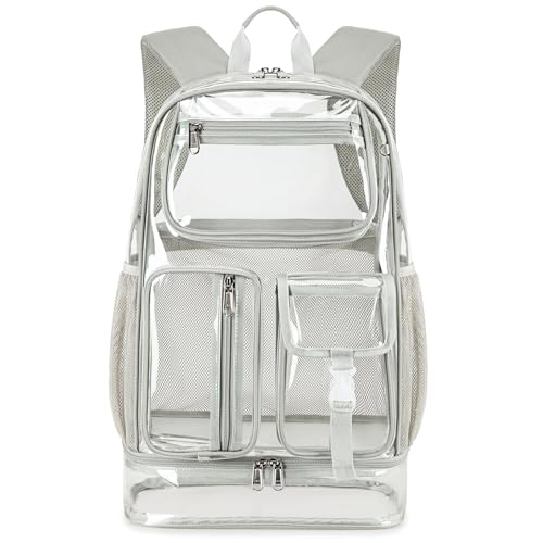 Image of Clear Backpack Heavy Duty for Sport Event,TPU Grey 16in with Shoe Warehouse | See Through Stitch durable plastic Multi-Pocket Design For School Adults work Warehouses Airport security,check events