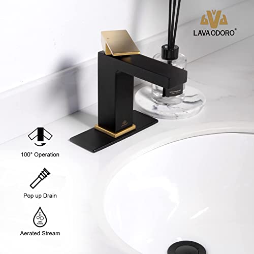 Single Hole Bathroom Faucet Black And Gold, Lava Odoro Modern Brass Bathroom Sink Faucet Single Handle Vanity Faucet With Pop Up Drain Assembly, Deck Plate Included, Bf307-Gb #TOP2