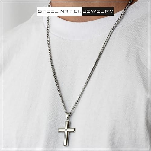 Men's Diamond Cross Pendant Necklace in Stainless Steel on a 24 Inch Cuban Link Chain2