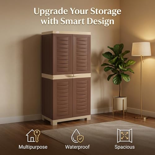 Image of Supreme Furniture Fusion 02 Multipurpose Plastic Cupboard | 40-Months Warranty* | 2 Door Tall Storage Cabinet with 3 Adjustable Shelves | Big Waterproof Organiser for Living Room | DIY | Brown Beige