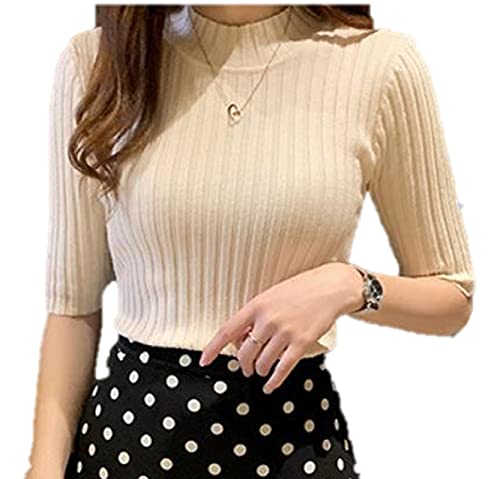 レディース ニット セーター トップス カットソー 5分丈 ハイネック タートルネック リブ おしゃれ かわいい 無地 シンプル フェミニン ニットソー 五分袖 ルーム ウェア モックネック サマーセーター 半袖 ハーフスリーブ カジュアル 部屋着 オフィス 秋 冬 リブニット 上品