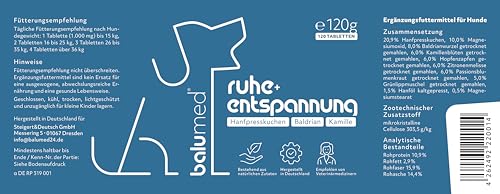 balumed® 120 Ruhe+Entspannung Tabletten für Hunde bei Angst und Stress mit Hanfpresskuchen, Hanföl kaltgepr., Magnesium, Baldrian, Kamille, Hopfen