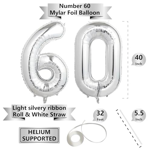 Image of Number Balloons Silver Party Balloon - Giant Number 60 Balloon, 40 Inch Large Balloon for 60th Birthday Decorations, Silver Party Supplies for Anniversary