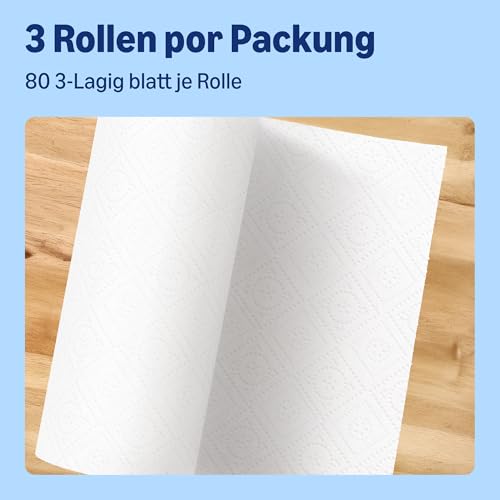 by Amazon Supersaugfähiges Küchentuch, 3-Lagig, 3 Rollen (1 Packung à 3 Stück), 80 Blatt Pro Rolle, FSC-Zertifiziert (Zuvor Presto!)