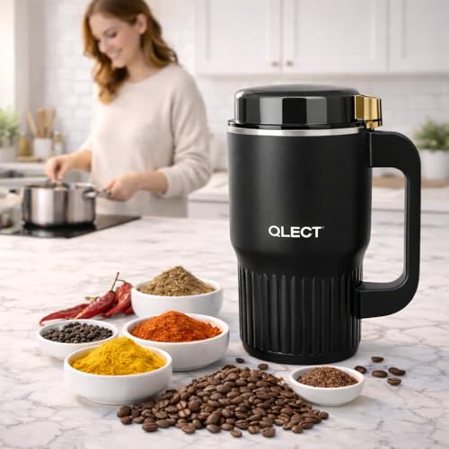 Image of QLECT Electric Coffee Grinder & Spice Grinder, Plug-in Stainless Steel Blade Grinder with Lid, Multi-Purpose Grinder for Coffee Beans, Spices & Herbs, Black